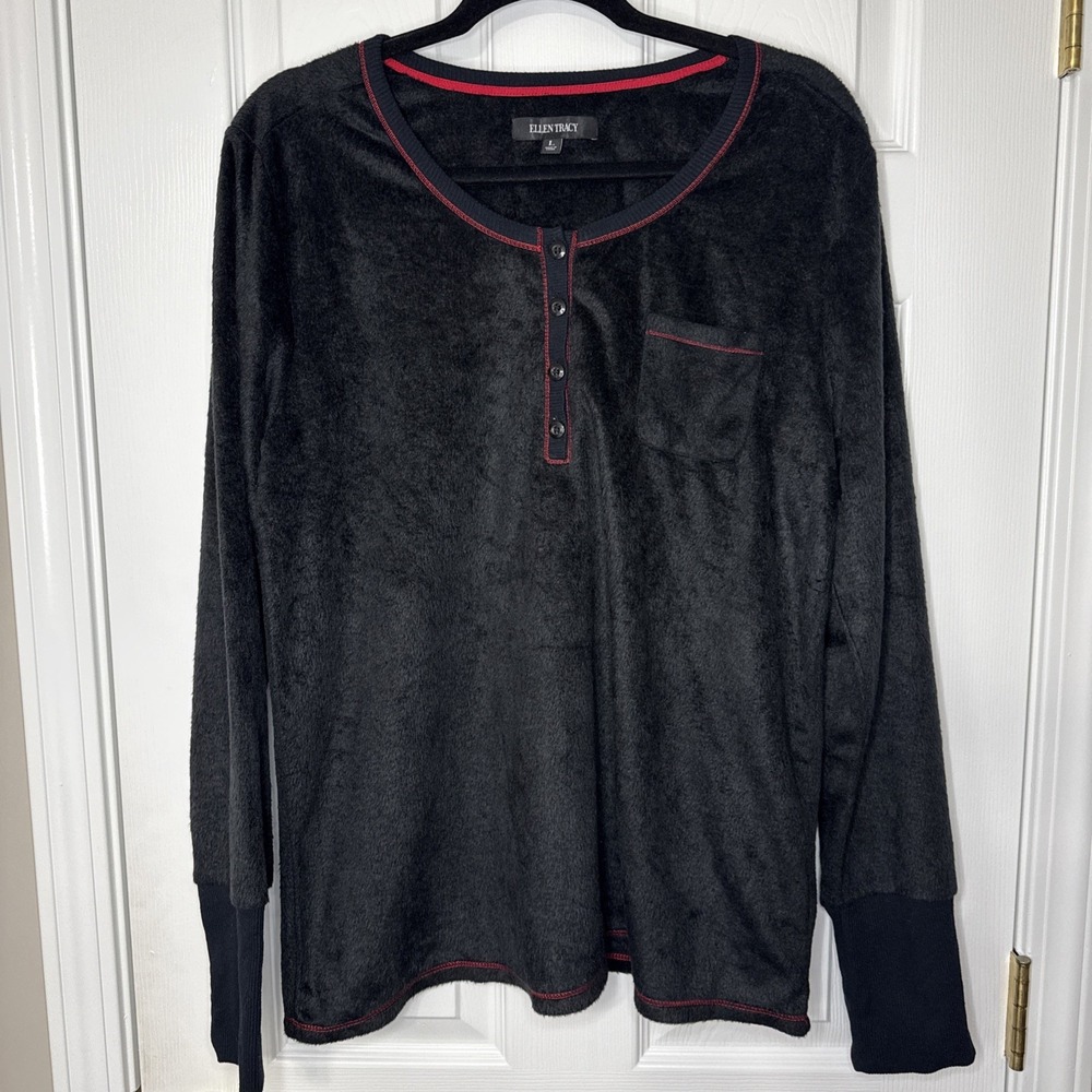 🖤 Ellen Tracy Charcoal Fleece Henley Top | Cozy Lounge Comfort Large